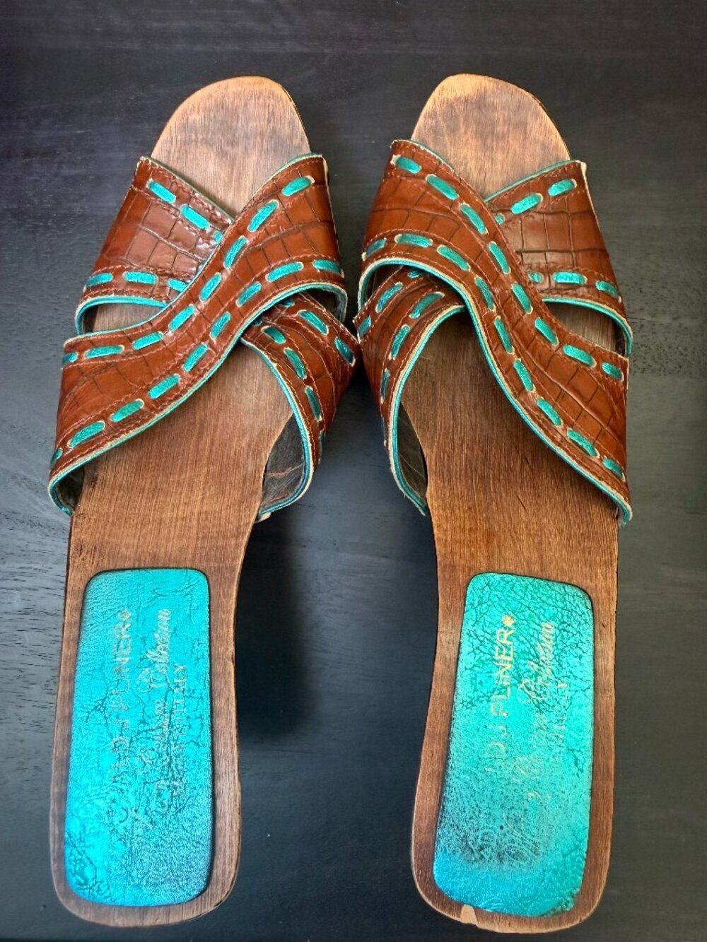 Donald J. Pliner Vintage Wood Clog Mules Brown Turquoise Leather Made in Italy S